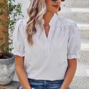 Blue/White Stripe Puff Sleeve Ruffle Notch Neck Blouse Size L NWOT